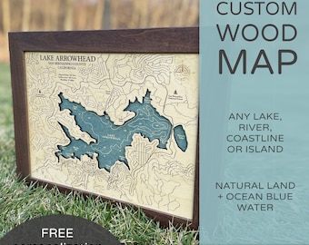 Custom Wood Map, Natural Land + Ocean Blue Water, Lake House Décor, Lake Map, 3D Map, Wood Depth Map, Personalized Gifts, Nautical Lake Maps