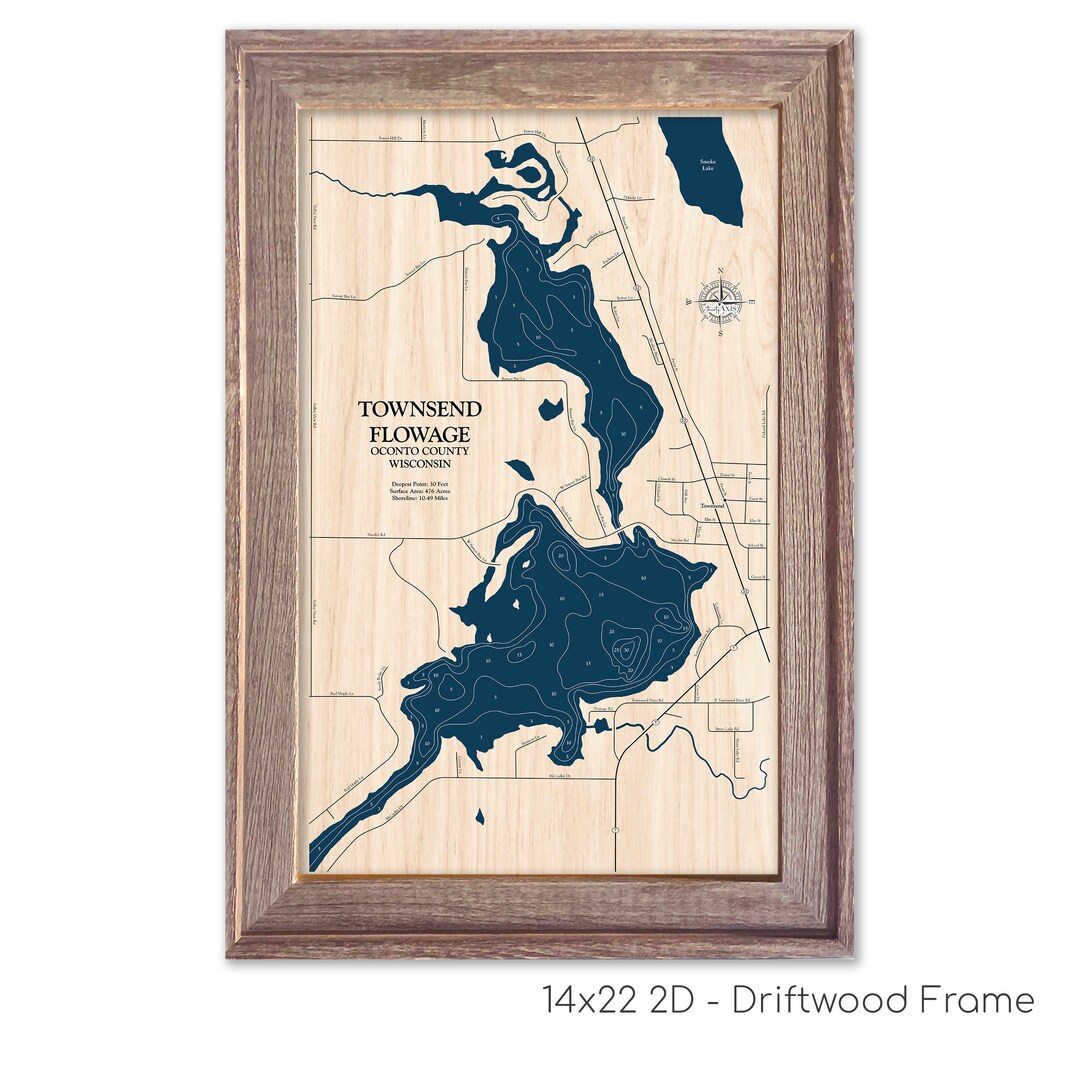 Townsend Flowage Map Lake Map Custom Lake Map Wood Lake Etsy