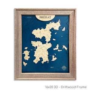 Kaart Île-de-Bréhat, Brehat-kaart, aangepaste houten kaart, kaart van Frankrijk, 3D-muurkunst, contourkaart, decor strandhuis, eilandkaart, topokaart, dieptekaart