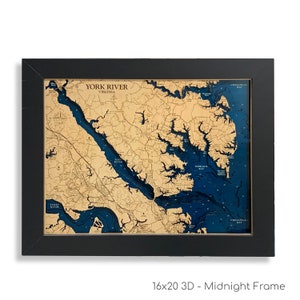 Mappa del fiume York, mappa di Yorktown, mappa della Virginia, mappa in legno 3D, mappa dei contorni, arredamento per case sulla spiaggia, mappa dell'isola, mappa topografica, mappa della profondità