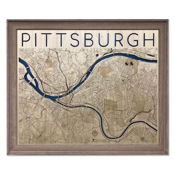 Pittsburgh Wood City Map, Downtown Streets (Laser Cut Wall Decor)