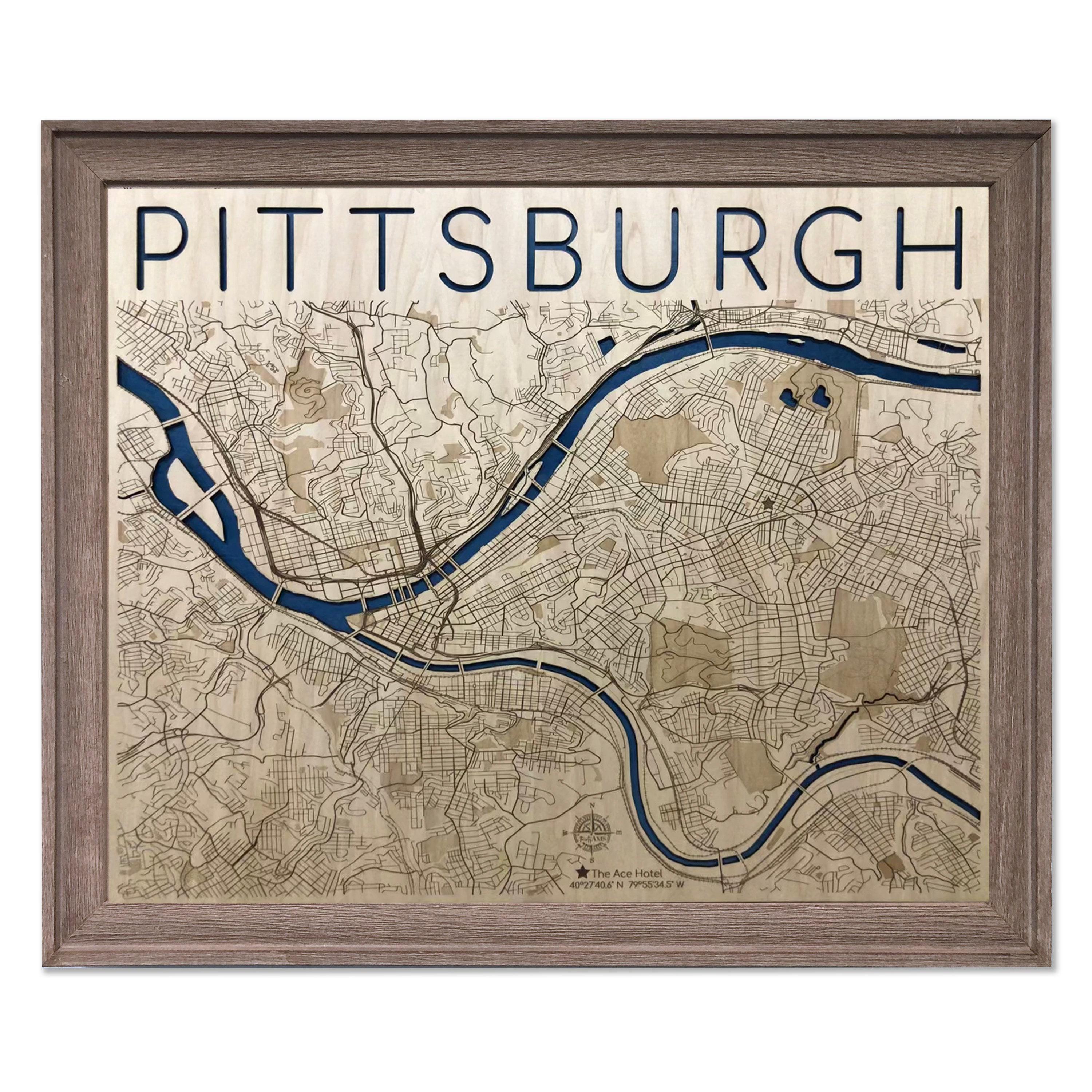 Pittsburgh Wood City Map, Downtown Streets (Laser Cut Wall Decor)