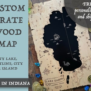 Mapa de madera personalizado, mapa pirata de madera, mapa de fantasía personalizado, mapa de fantasía de madera, mapa de lago de madera, mapa de lago personalizado, letrero de lago de madera, decoración de casa de lago