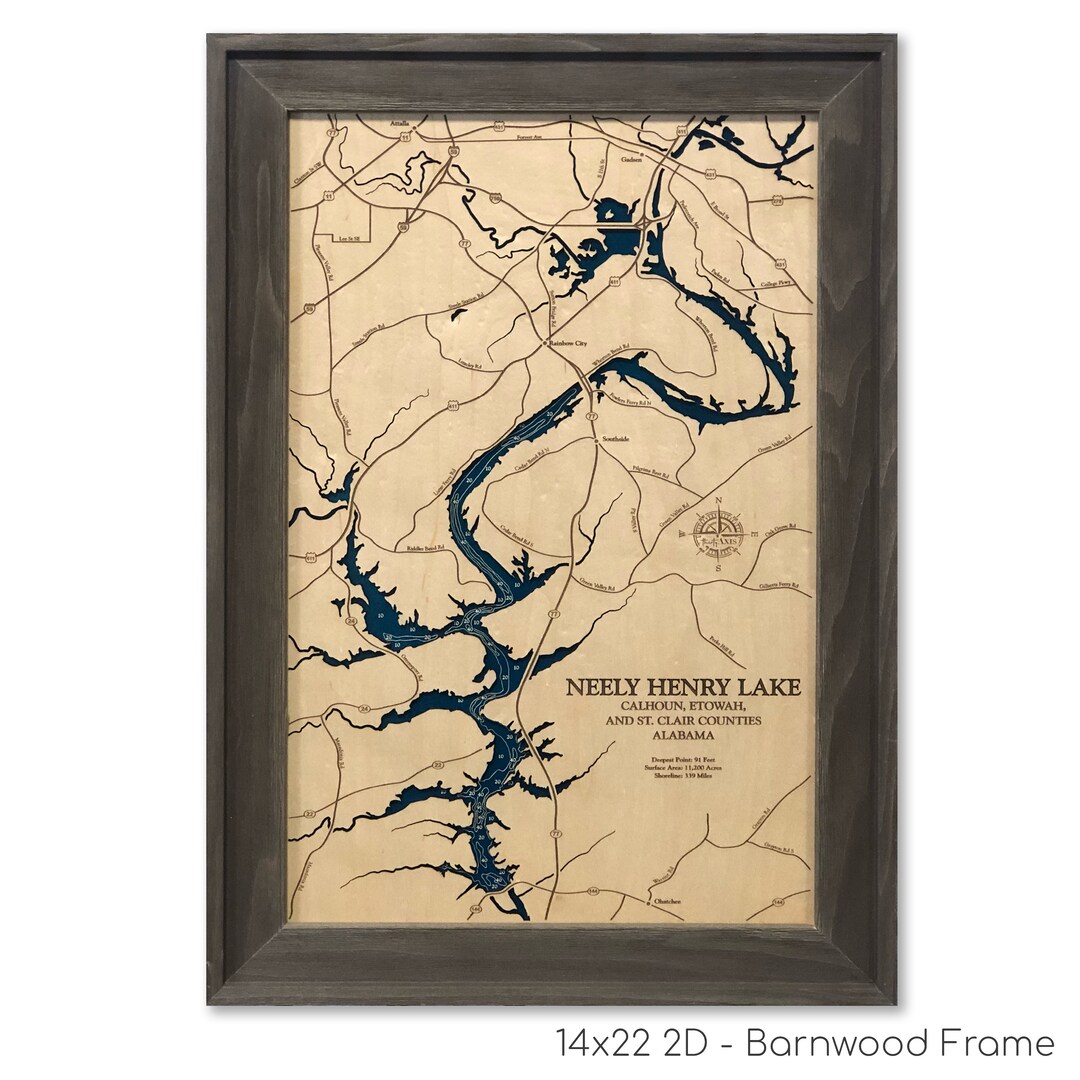Neely Henry Lake Map Wood Lake Map Custom Wood Map 3D Wall Art Contour