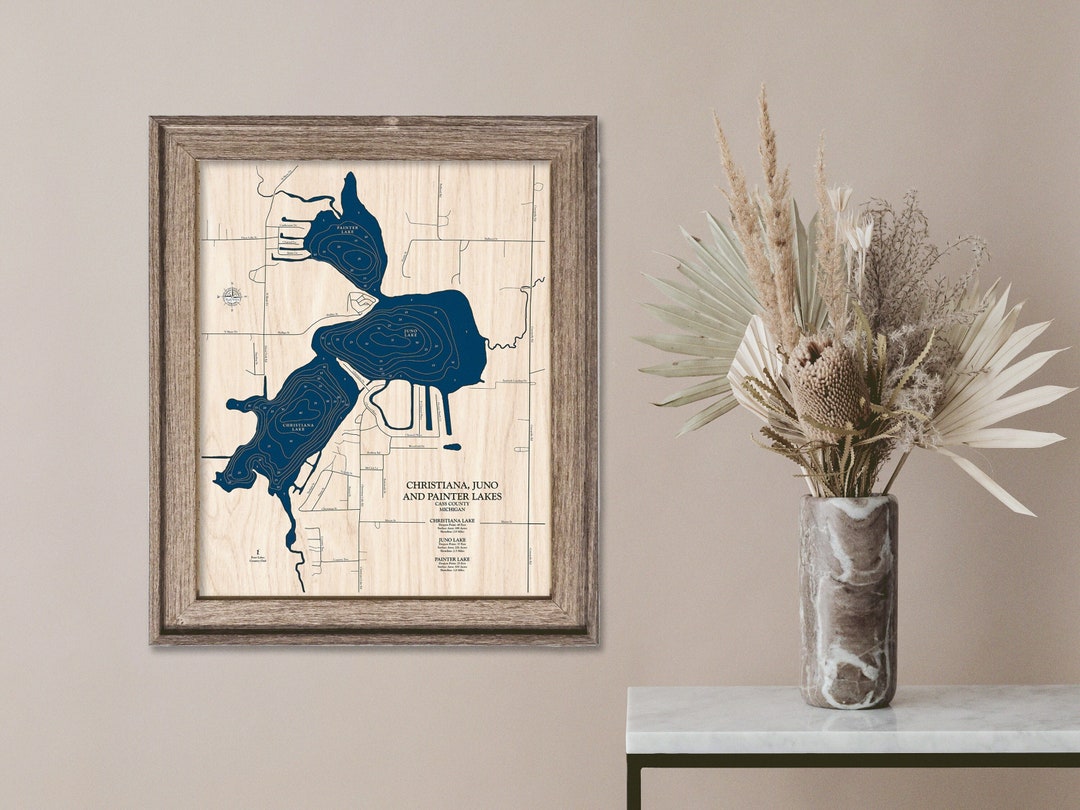 Christiana Lake Map, Juno Lake Map, Painter Lake Map, 3D Wall Art