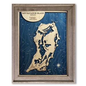 Mapa de la isla de San Salvador - Mapa de madera personalizado - Arte de las Bahamas - Arte mural 3D - Mapa de contorno - Decoración de casas de playa - Mapa topográfico - Mapa de profundidad