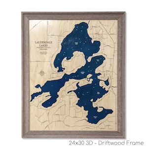 Lauderdale Lakes - Custom Wood Map -  Art - 3D Wall Art - Contour Map - Lake House Decor - Lake Map - Depth Map- Lake Art - Wood Maps - Gift