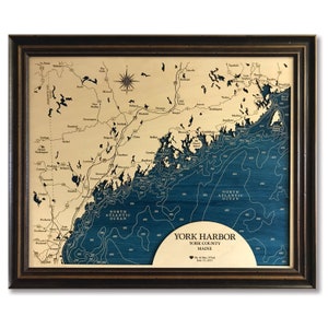York Hafen Maine Küstenlandschaft - Dimensional Holz geschnitzte Tiefe Konturkarte - Gestalten Sie mit Ihren Hausinformationen - See Kunst - Holzkarten - Geschenk