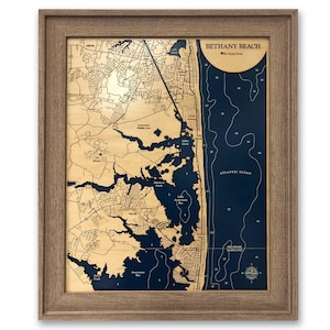 Bethany Beach Map, Custom Wood Map, Delaware Map, 3D Wall Art, Contour Map, Beach House Decor, Island Map, Topographical Map, Depth Map