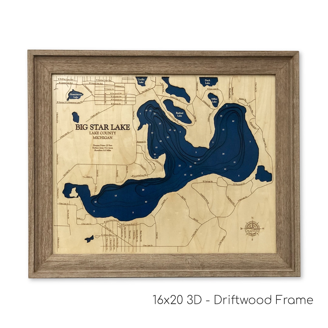 Big Star Lake Custom Wood Map Lake Sign 3D Wall Art Contour Map Lake