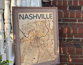 Nashville Wood Map: Custom Hand-Drawn City Art (Framed)