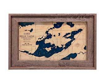 Lago Belle Taine - Mapa de madera personalizado - Arte - Arte mural 3D - Mapa de contorno - Decoración de casas del lago - Mapa del lago - Mapa de profundidad - Arte del lago - Mapas de madera - Regalo