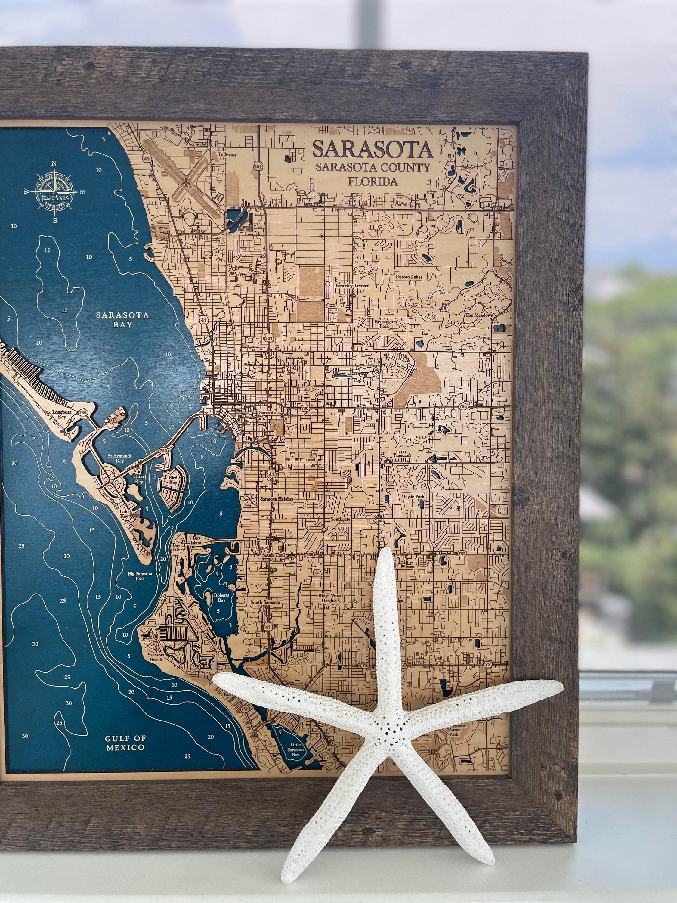 Sarasota Map - Lido Key Map - Custom Wood Map - 3D Wall Art - Contour Map - Beach House Decor - Island Map - Florida Map - Depth Map