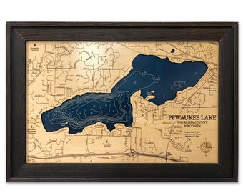 Mapa del lago Pewaukee, mapa de madera personalizado, arte mural 3D, mapa de contorno, decoración de casa de lago, mapa de lago, mapa de profundidad, regalo de lago, arte en madera, mapas de madera
