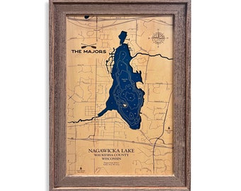 Nagawicka Lake Map, Nagawicka Map, Custom Lake Map, Wood Lake Map, 3D Wall Art, Contour Map, Lake House Decor, Lake Map, Depth Map, Lake Art
