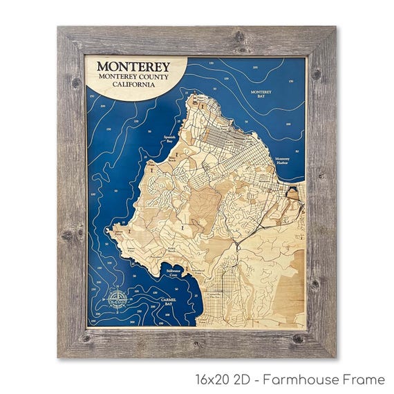 Engraved Wood Map, Monterey Bay California, Custom Beach Decor