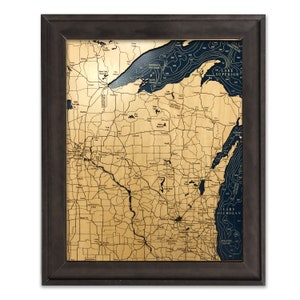 Mapa de Wisconsin, Mapa de madera personalizado, Letrero de Wisconsin, Mapa estatal, Arte mural 3D, Mapa de contorno, Decoración de casa de lago, Mapa de lago, Mapa de profundidad, Regalo de lago