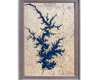Lake Norman - Custom Wood Map -  Art - 3D Wall Art - Contour Map - Lakehouse Decor - Lake Map - Depth Map - Lake Gift - Wood Art - Wood Maps