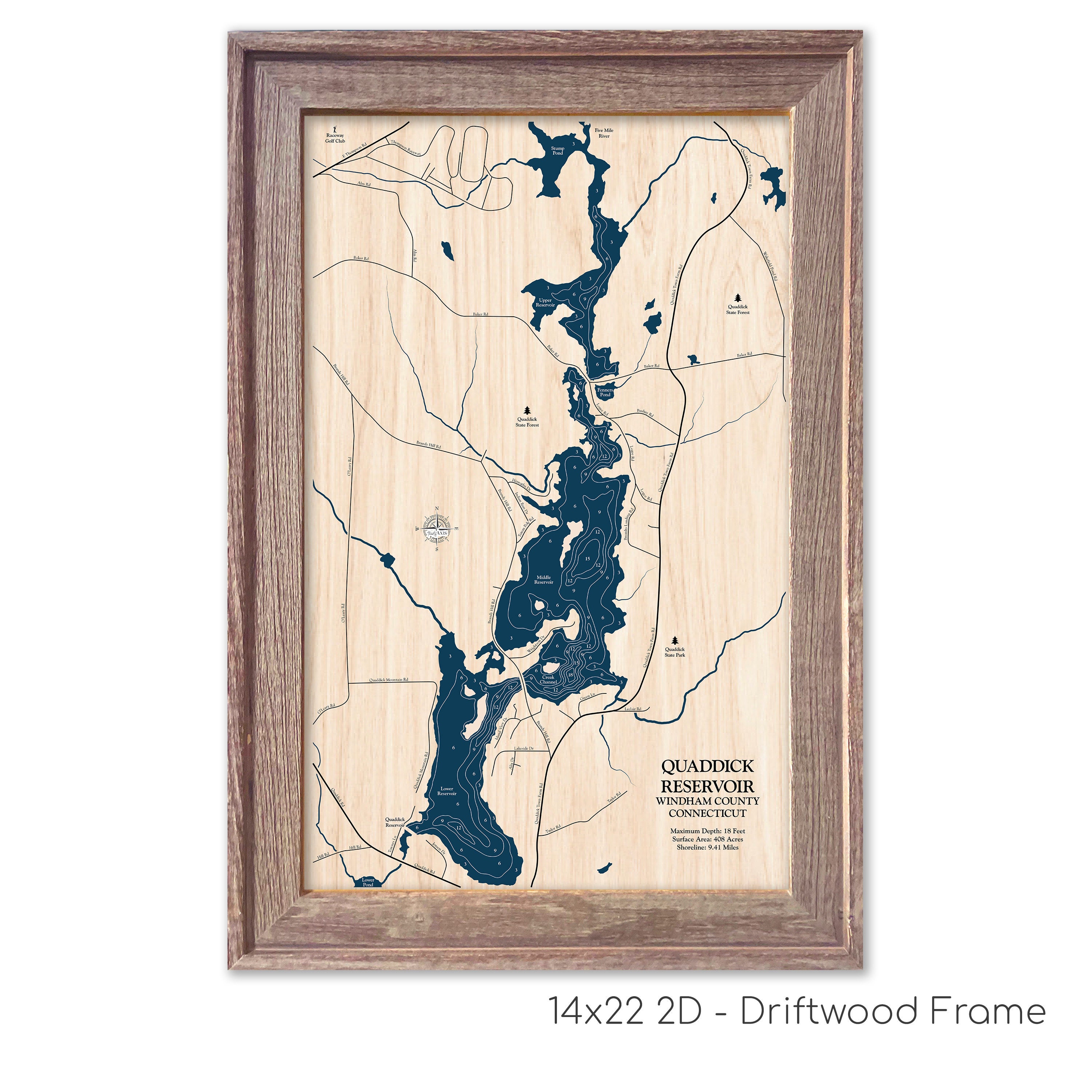 Quaddick Reservoir Map Custom Lake Map Wood Lake Map 3D Etsy