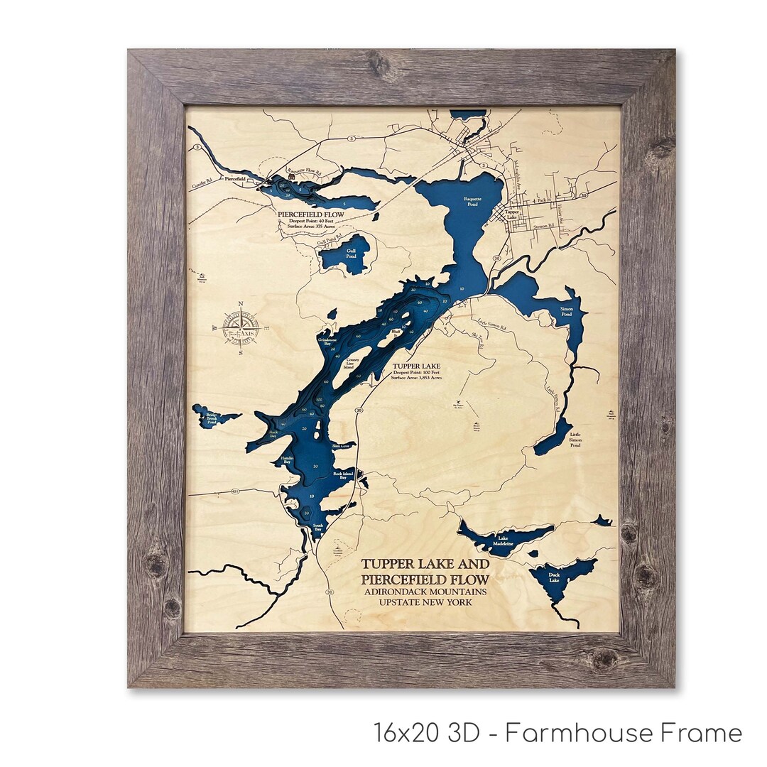 Tupper Lake Map, Piercefield Flow Map, Lake House, 3D Lake Map, Wood
