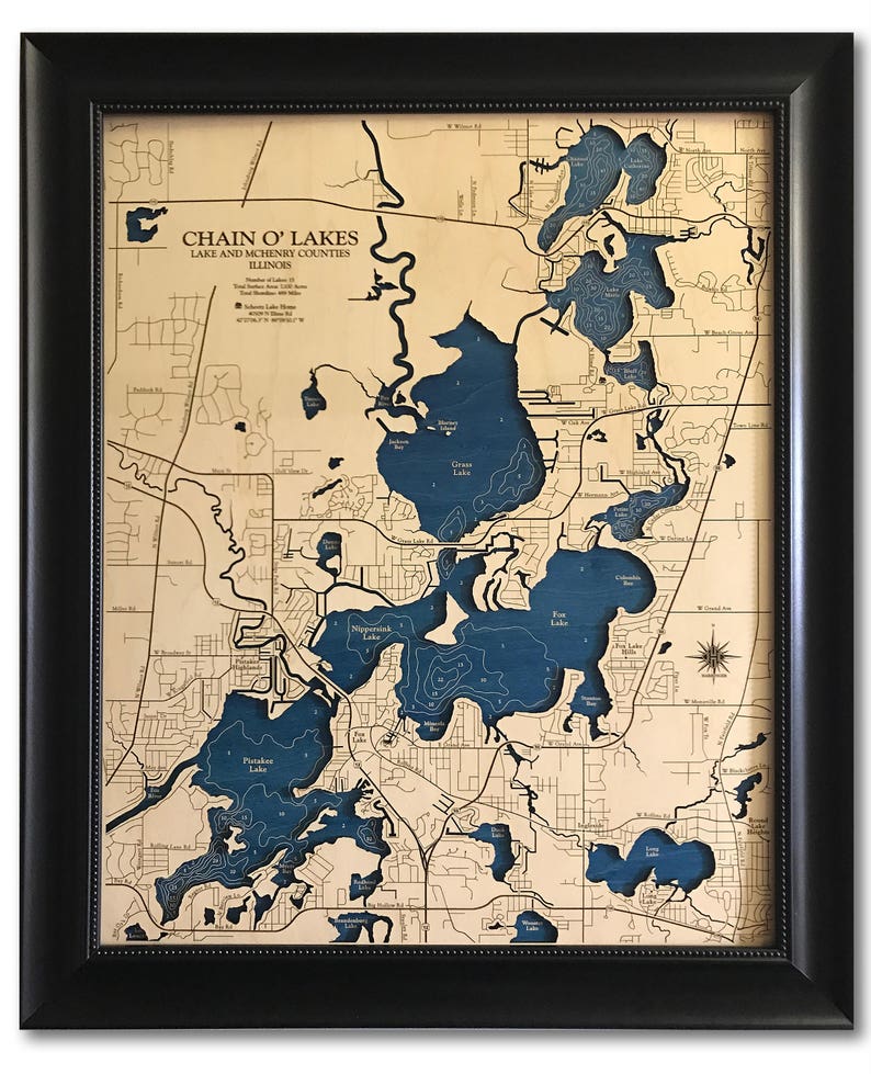 Chain O' Lakes Illinois Custom Wood Map Art 3D Wall Etsy