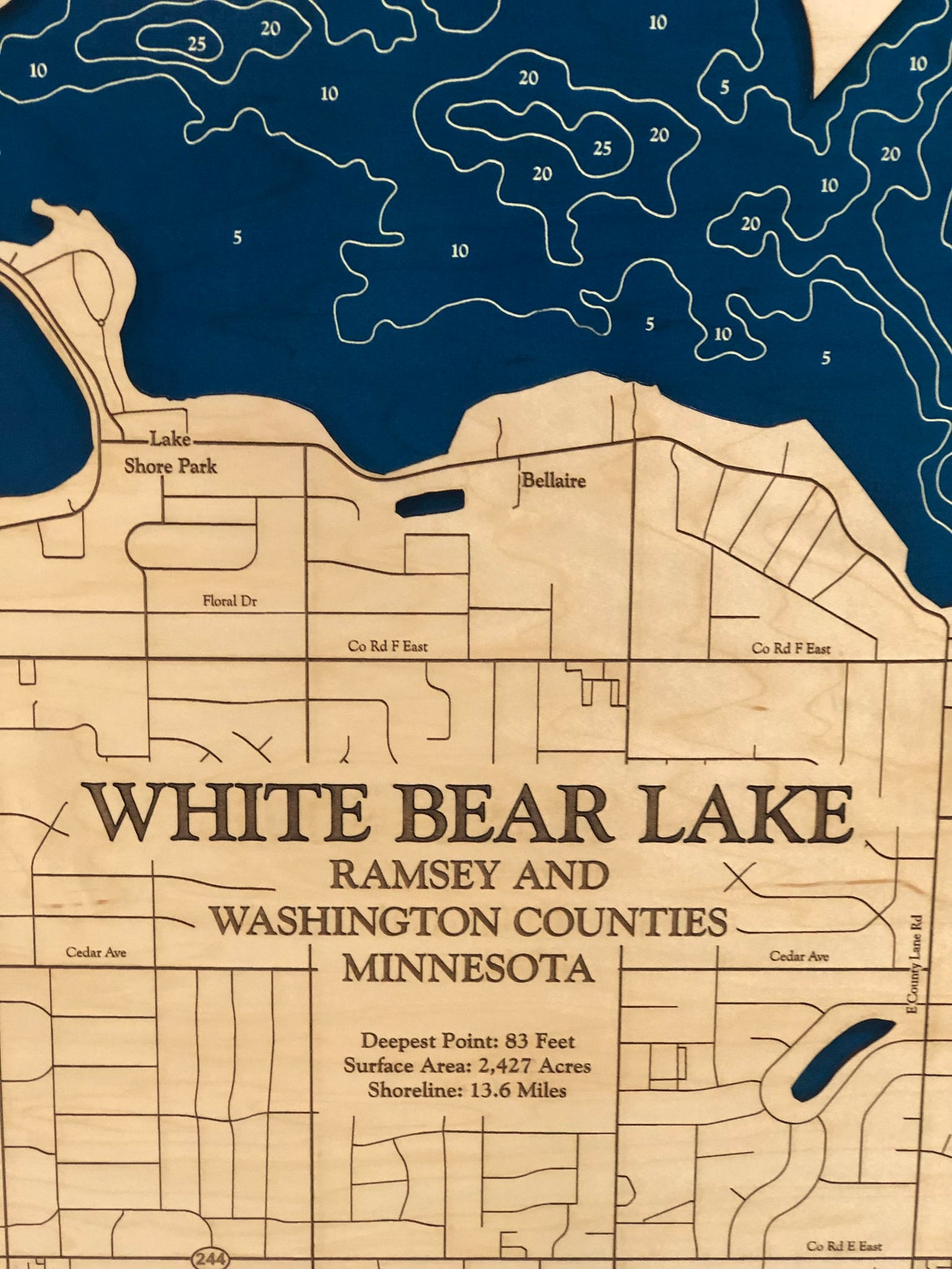 White Bear Lake Map White Bear Lake Custom Wood Map 3D Wall Etsy