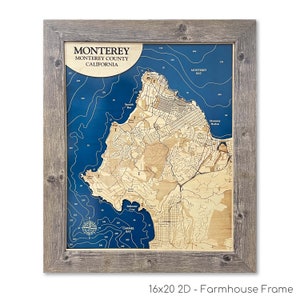 Monterey Karte, Monterey Bay, Carmel Karte, Kalifornien, Strandschild, Holzkarte, Karte graviert, Stranddeko, Küstenkarte, Carmel-by-the-Sea