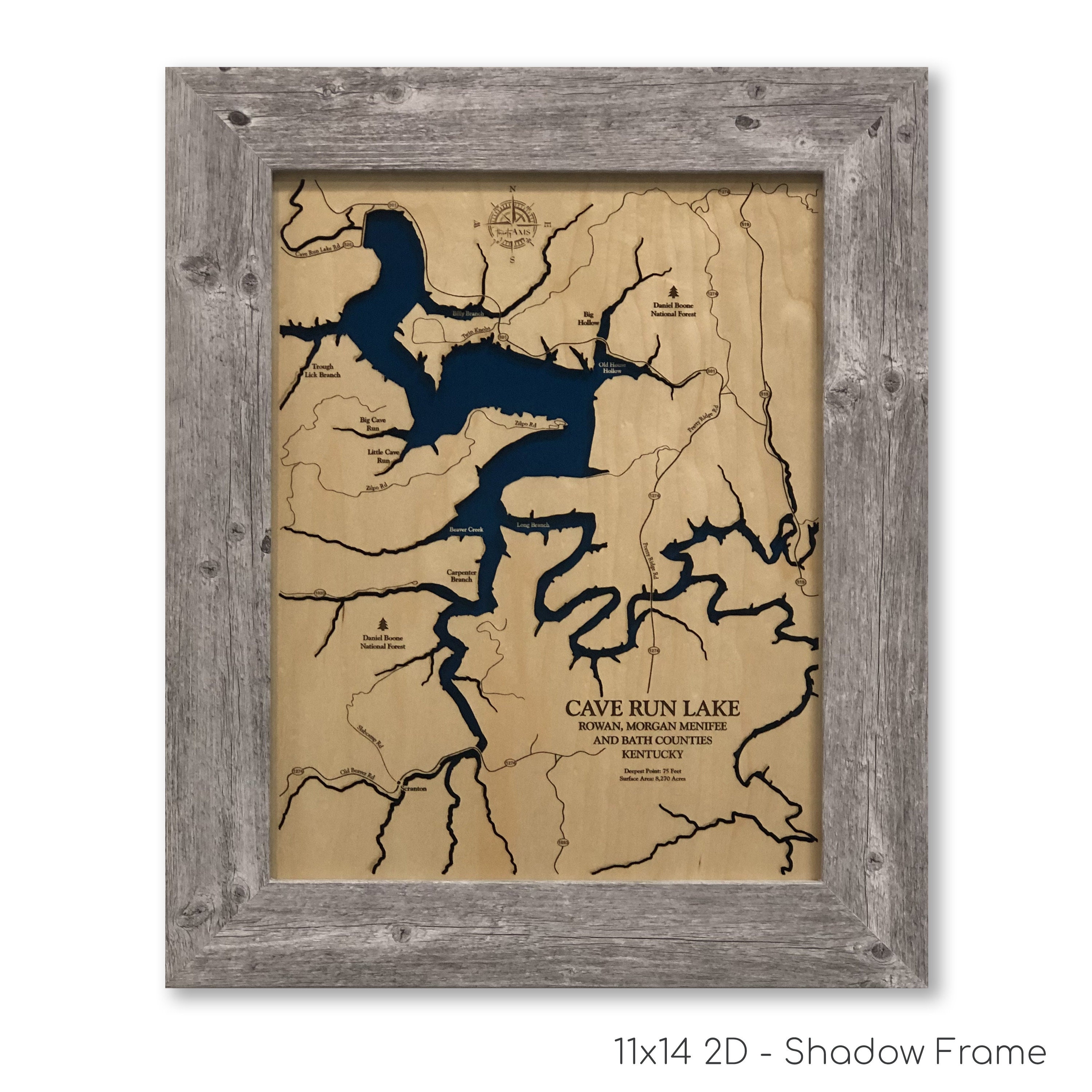 Cave Run - Wood Engraved Lake Map
