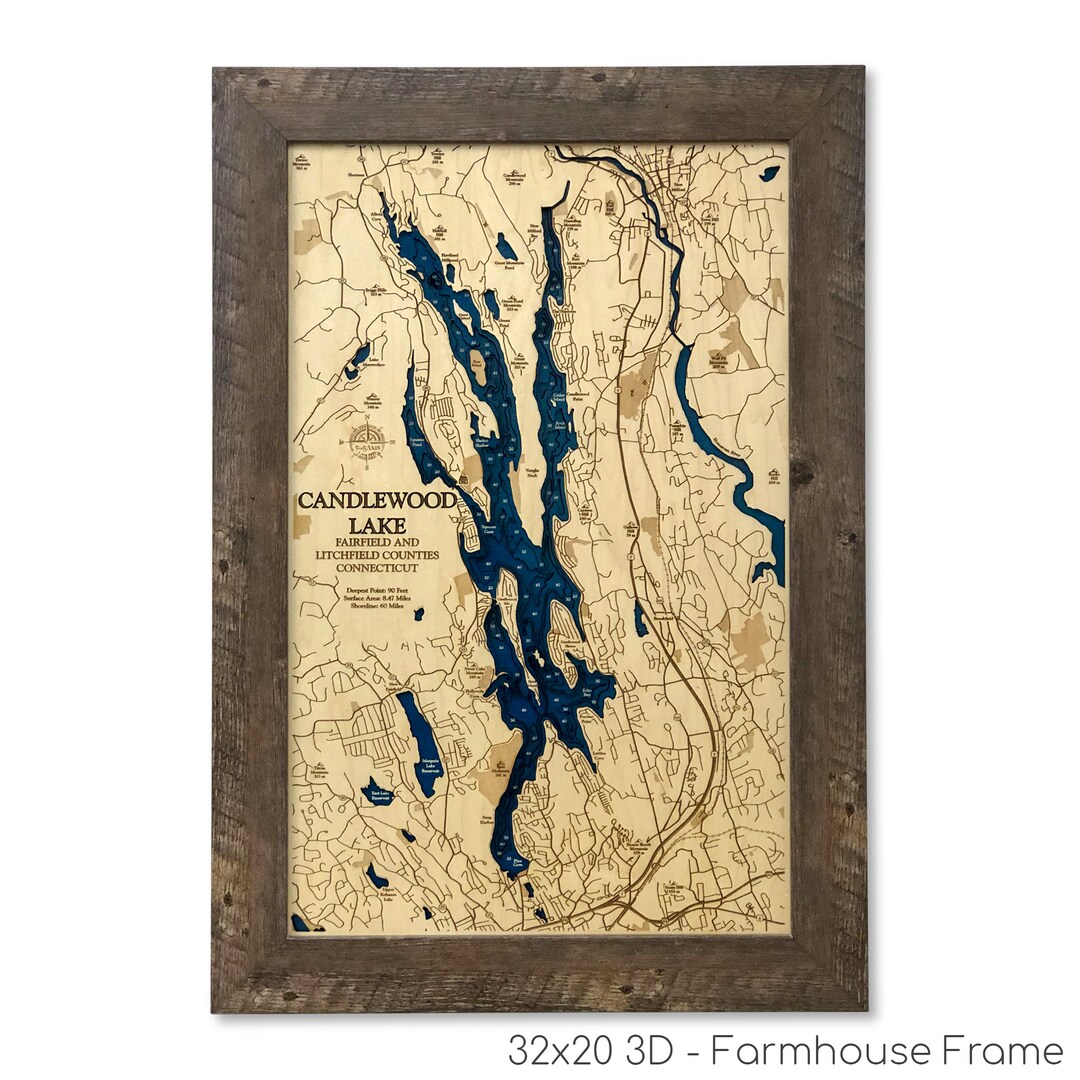 Candlewood Lake, Custom Wood Map, 3D Wall Art, Contour Map, Lake House Decor, Lake Map, Depth