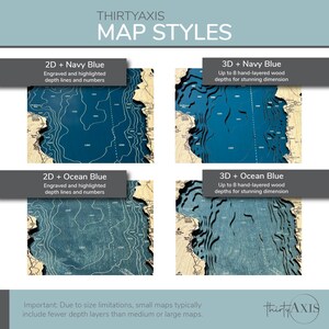 The image is a collection of four different map styles, each with its own unique characteristics and features. The first map style is 2D - Navy Blue, which is a 2D map with deep blue color lines and numbers. The second map style is 3D + Navy Blue, which is a 3D map with deep blue color lines and numbers. The third map style is 2D + Ocean Blue, which is a 2D map with ocean color lines and numbers. The fourth map style is 3D + Ocean Blue, which is a 3D map with ocean color lines and numbers.