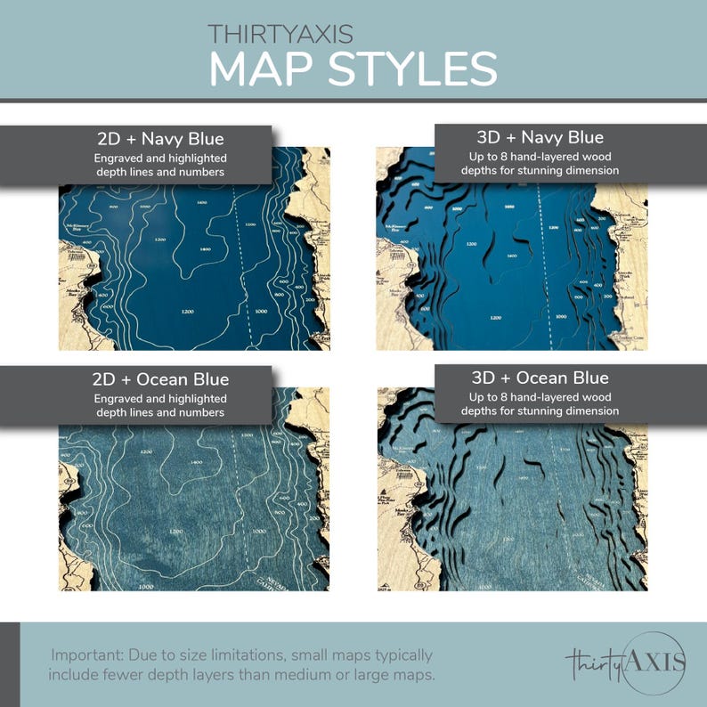 The image is a collection of four different map styles, each with its own unique characteristics and features. The first map style is 2D - Navy Blue, which is a 2D map with deep blue color lines and numbers. The second map style is 3D + Navy Blue, which is a 3D map with deep blue color lines and numbers. The third map style is 2D + Ocean Blue, which is a 2D map with ocean color lines and numbers. The fourth map style is 3D + Ocean Blue, which is a 3D map with ocean color lines and numbers.