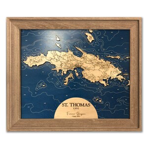 Mapa de São Tomás - Mapa de madeira personalizado - Mapa das Ilhas Virgens Americanas - Arte de parede 3D - Mapa de contorno - Decoração de casa de praia - Mapa da ilha - Mapa topográfico - Mapa de profundidade