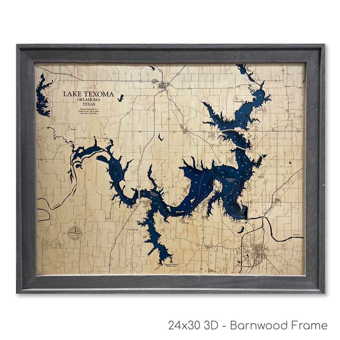 Lake Texoma Map, Texoma Lake, Lake House Gift, 3D Lake Map, Wood Lake