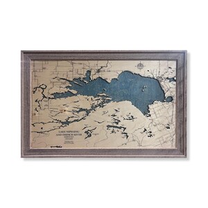 Kaart van Nipissingmeer, Franse rivierkaart, aangepaste meerkaart, aangepast meerbord, aangepaste meerkunst, houten meerkaart, kaart meer, decor meerhuis