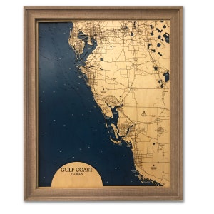 Kaart Zuidwest-Florida, Tampa Bay, aangepaste houten kaart, Napels, Marco Island, kaart Florida - 3D-muurkunst, decor strandhuis, eilandkaart, dieptekaart