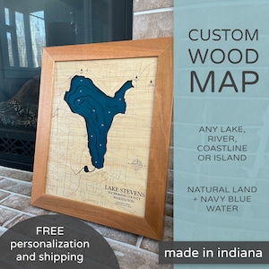 Mapa de madera personalizado, tierra natural + agua azul marino, decoración de casas junto al lago, mapa de lagos, mapa 3D, mapa de profundidad de madera, regalos personalizados, mapas de lagos náuticos