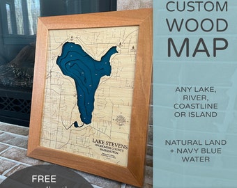 Custom Wood Map, Natural Land + Navy Blue Water, Lake House Décor, Lake Map, 3D Map, Wood Depth Map, Personalized Gifts, Nautical Lake Maps