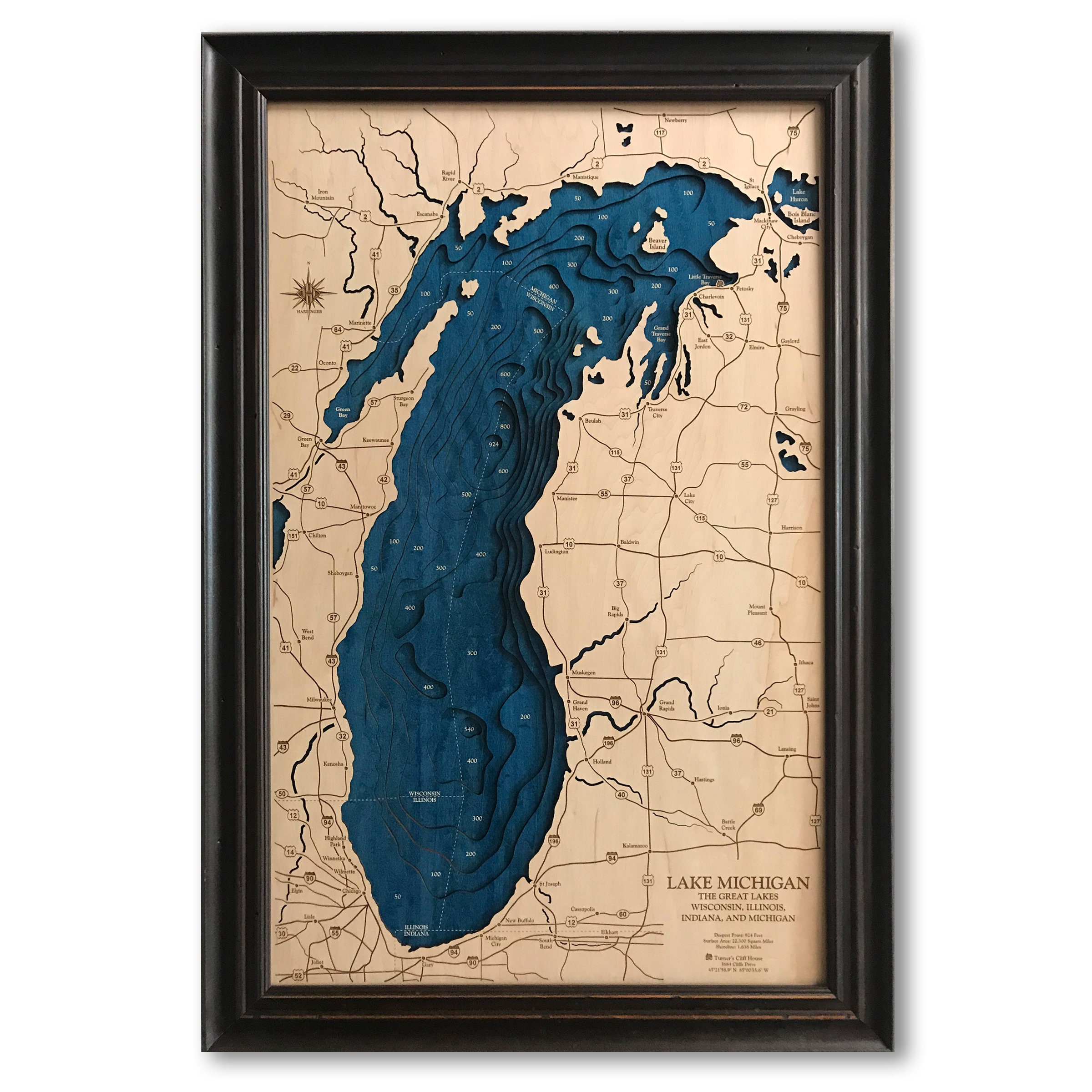 Lake Michigan Dimensional Wood Carved Depth Contour Map Etsy