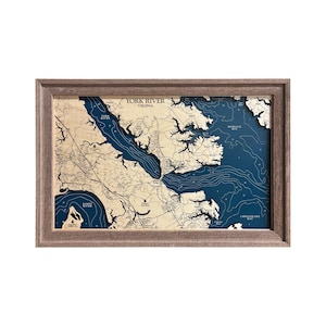 York River Map, Yorktown Map, Virginia Map, 3D Wood Map, Contour Map, Beach House Decor, Island Map, Topographical Map, Depth Map