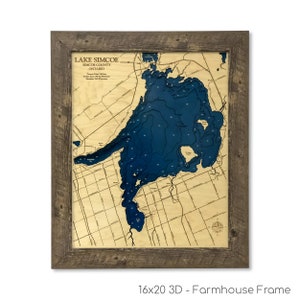 Lac Simcoe, carte des Simcoe, carte en bois personnalisée, carte du lac, art mural 3D, carte des contours, décoration de maison sur le lac, carte du lac, profondeur, cartes en bois, cadeau lac