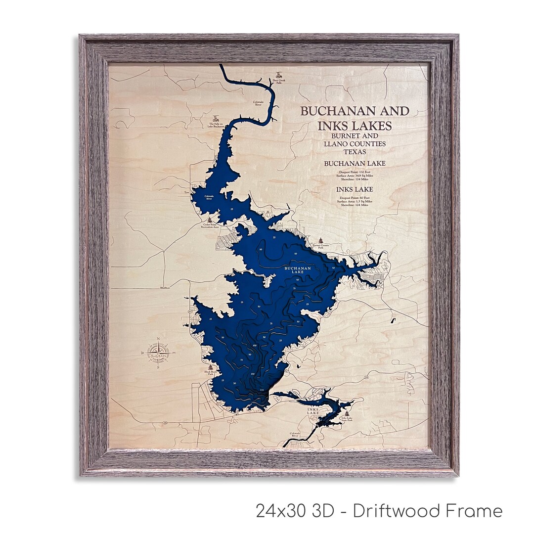 Buchanan Lake Map, Inks Lake Map, Custom Lake Map, 3D Lake Map, Wood