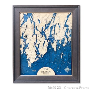 Mapa de las Cinco Islas, Mapa de la Bahía de Casco, Mapa de Maine, Mapa de la Costa Principal, Mapa de Ríos Personalizado, Mapa de Madera 3D, Decoración Náutica, Decoración de Ríos, Regalo de Río