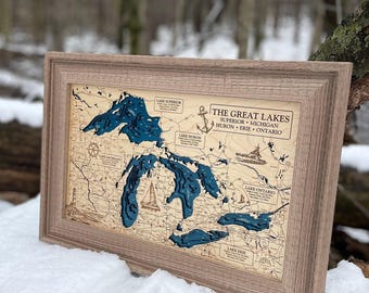 Great Lakes Map, 3D Lake Map, Custom Lake Map, Custom Lake Art, Lake Michigan Map, Lake Superior Map, 3D Wall Art, Lake House Decor