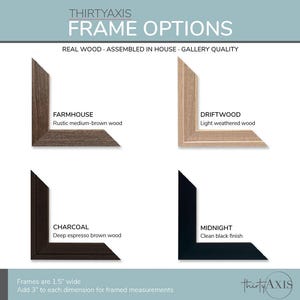 four different types of real wood frames, each with a unique color and finish, arranged in a grid format.