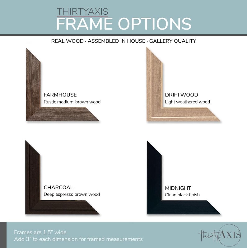 four different types of real wood frames, each with a unique color and finish, arranged in a grid format.