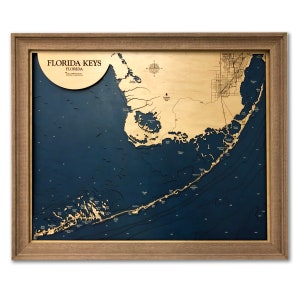 Mappa delle Florida Keys - Mappa in legno personalizzata - Mappa della Florida - Arte murale 3D - Mappa dei contorni - Decorazione per case sulla spiaggia - Mappa dell'isola - Mappa di Key West - Mappa di profondità