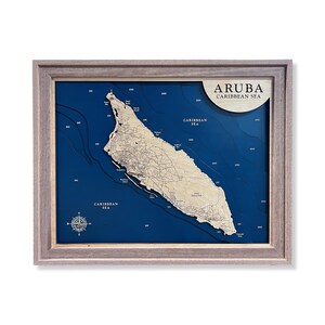 Kaart Aruba, aangepaste houten kaart, ABC-eilanden, Caribische kunst, 3D-muurkunst, contourkaart, decor strandhuis, eilandkaart, topokaart, dieptekaart