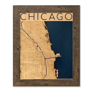 Chicago Holz Stadt Karte - Geschenk Stadt - Wohnung Dekor - Einweihungsgeschenk - Holz Straßen Karte - 3D Kunst - Stadt Kunst - Woodwork Décor - Lake Michailien