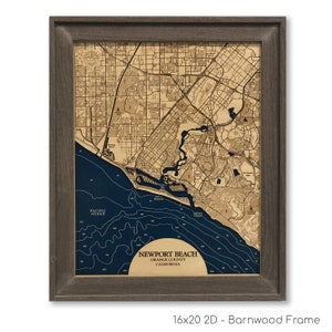 Carte de la plage de Newport - carte Costa Mesa - carte en bois personnalisée - art mural 3D, carte des contours, décoration de maison de plage, carte de la plage, carte de la Californie - carte de la profondeur