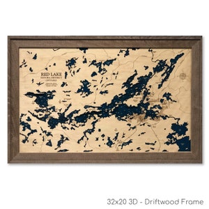 Mappa di Red Lake, mappa di Kenora, mappa in legno personalizzata, arte murale 3D, decorazione per case sul lago, mappa del lago, mappa di profondità, regalo da viaggio, decorazione per case sul lago